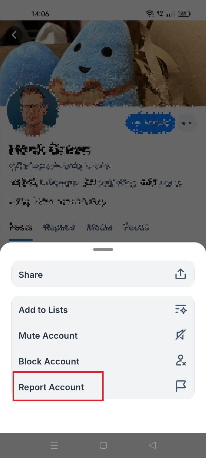 Ảnh chụp màn hình tô sáng Báo cáo tài khoản trên ứng dụng Bluesky