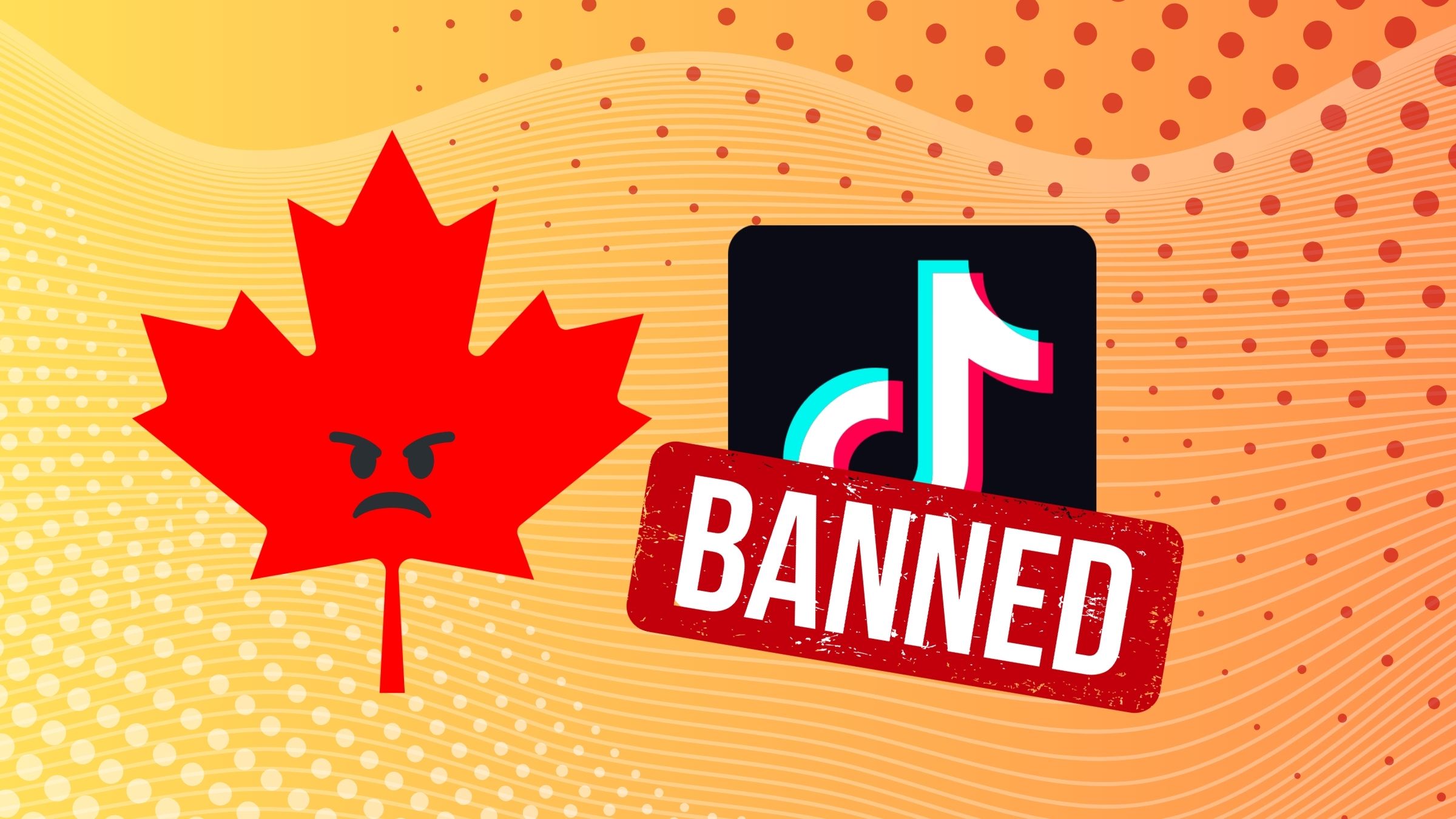 Map leaf with a frown face next to banned over top of the TikTok app logo