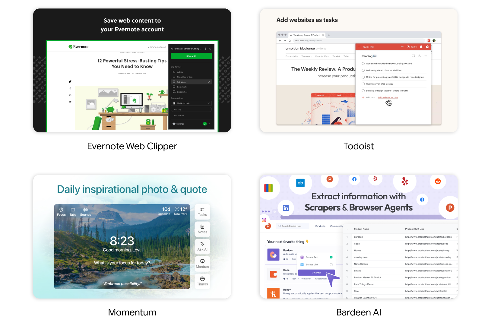 A graphic highlighting the Evernote, Todoist, Momentum, and Bardeen AI extensions.