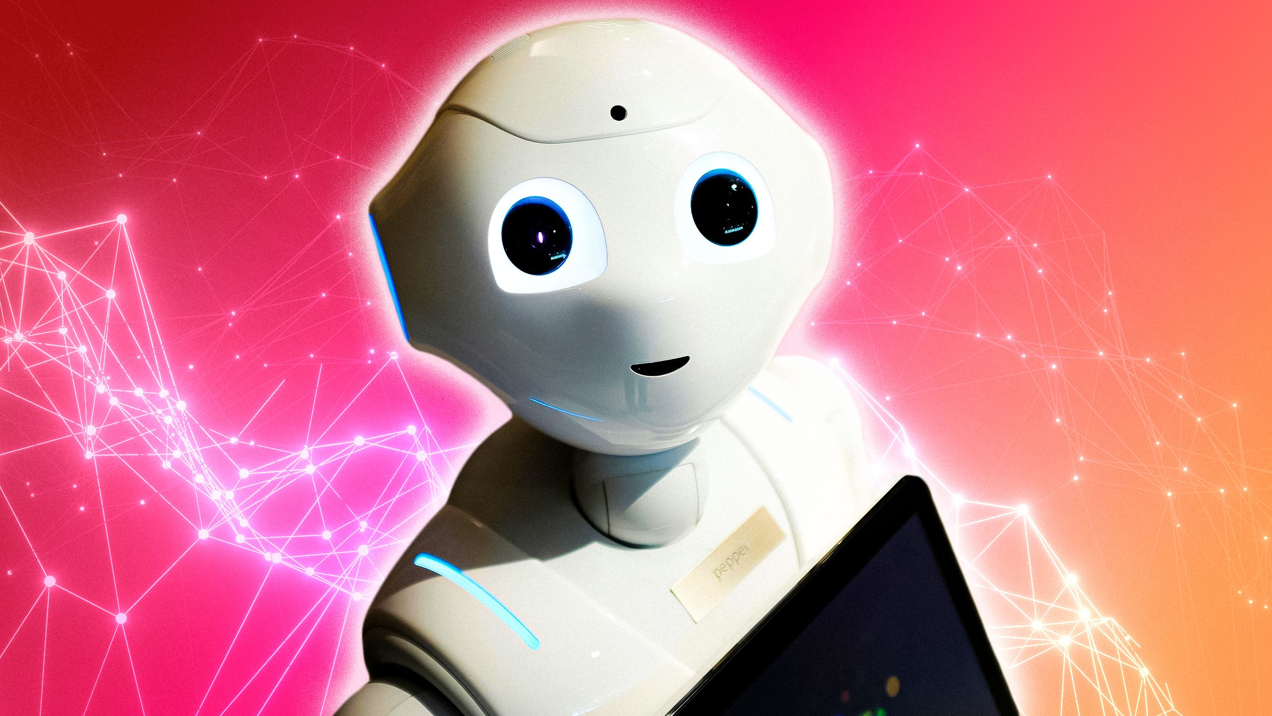 A humanoid robot with large, glowing eyes and a tablet screen, set against a vibrant pink background featuring a network of digital connection lines.