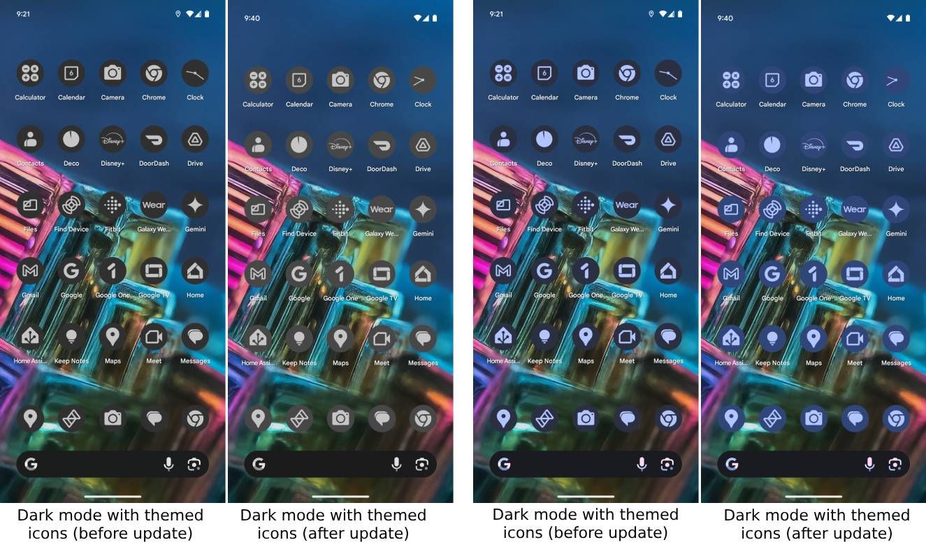 Screenshots highlighting lighter dark mode themed icons before and after the Android 15 QPR1 update.