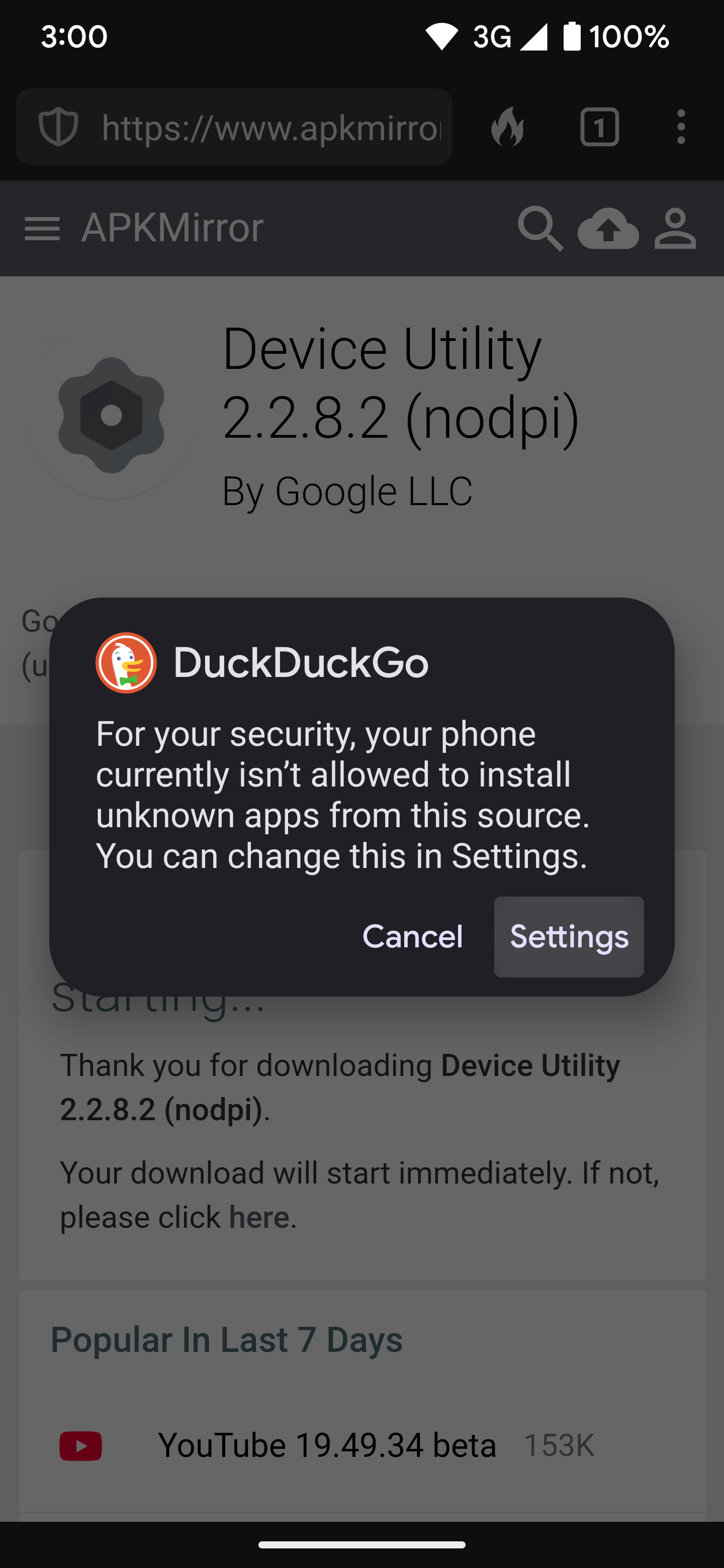 The "Settings" button when DuckDuckGo tries to install the Device Utility app.