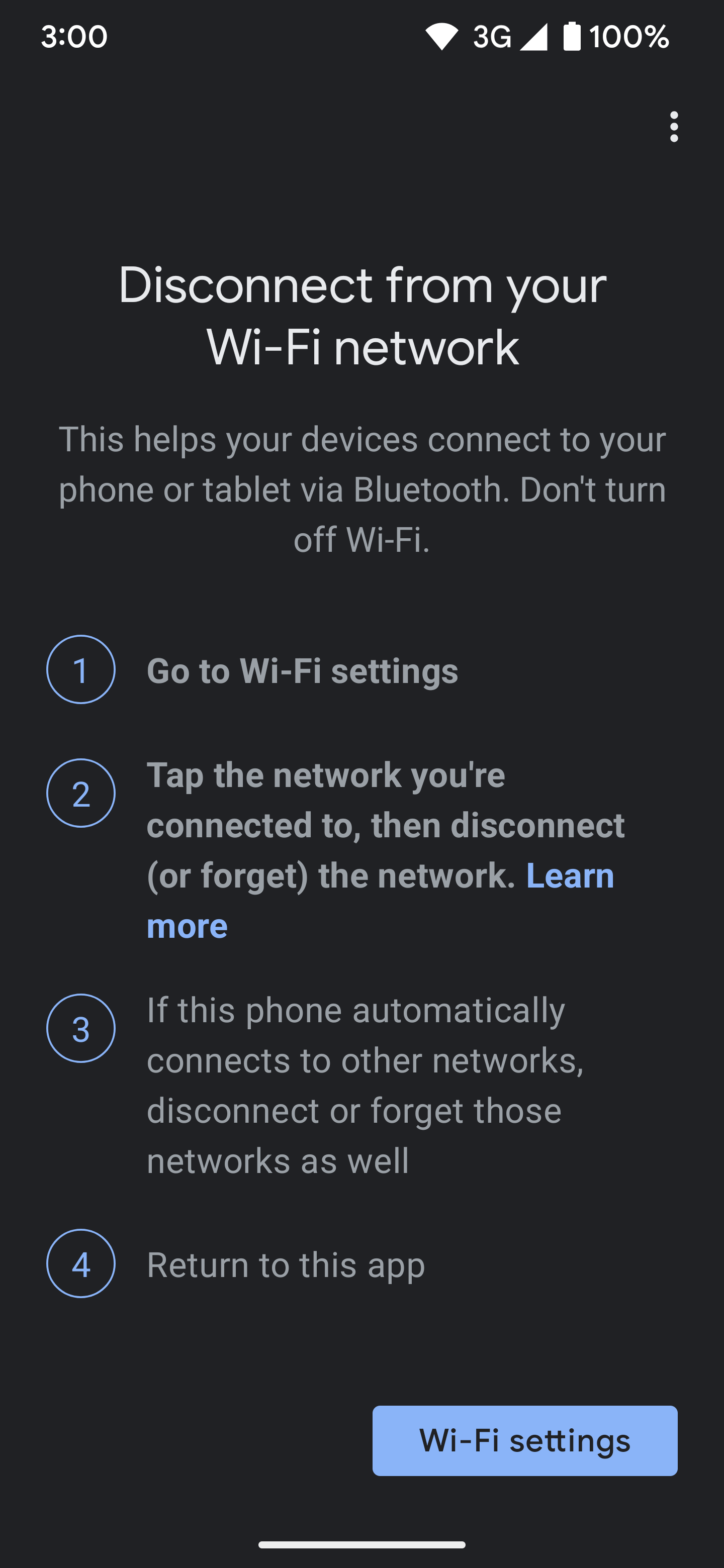 The Device Utility app screen showing that you must turn off Wi-Fi before trying to reactivate a Nest speaker.