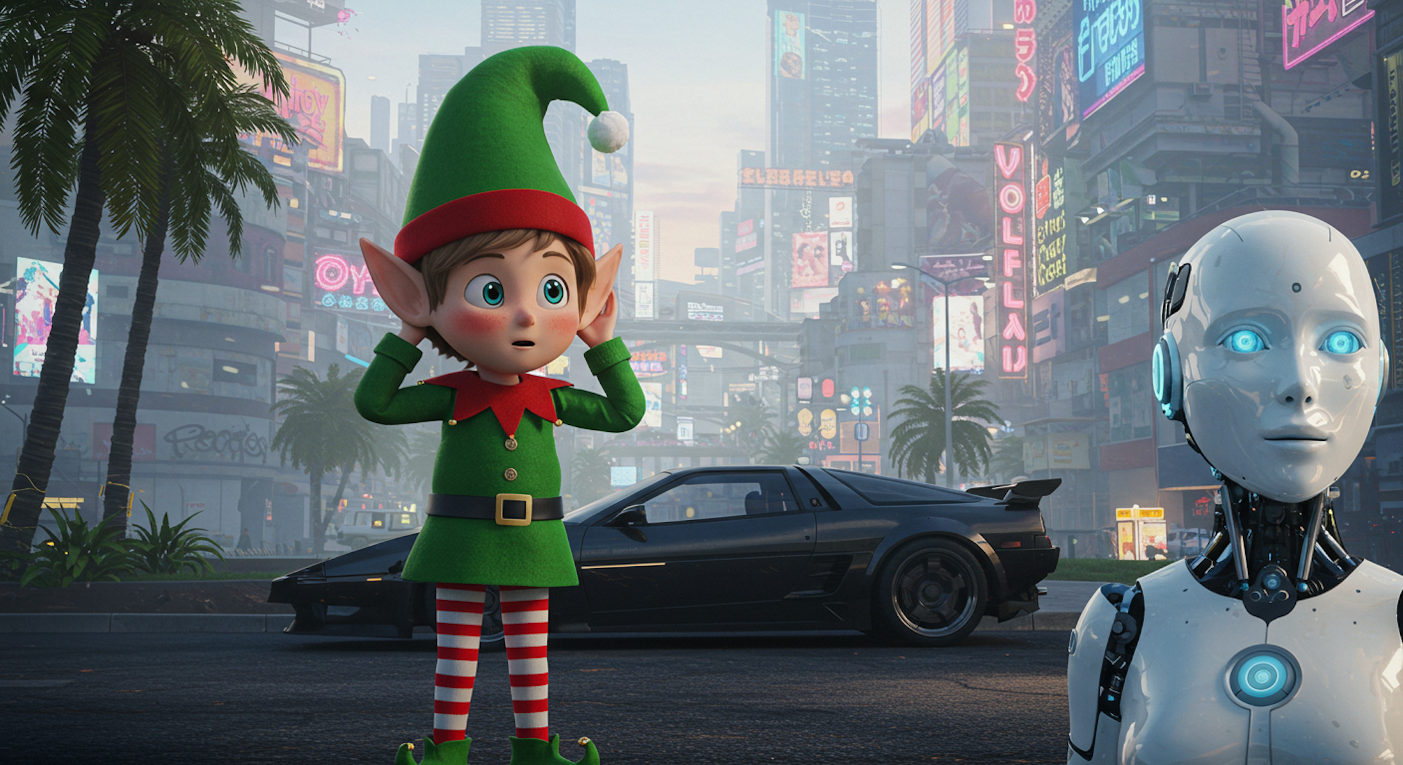 An image generated by Whisk AI showing a cute cartoon Christmas elf lost in a cyberpunk city, with a menacing humanoid robot with blue eyes in the foreground.