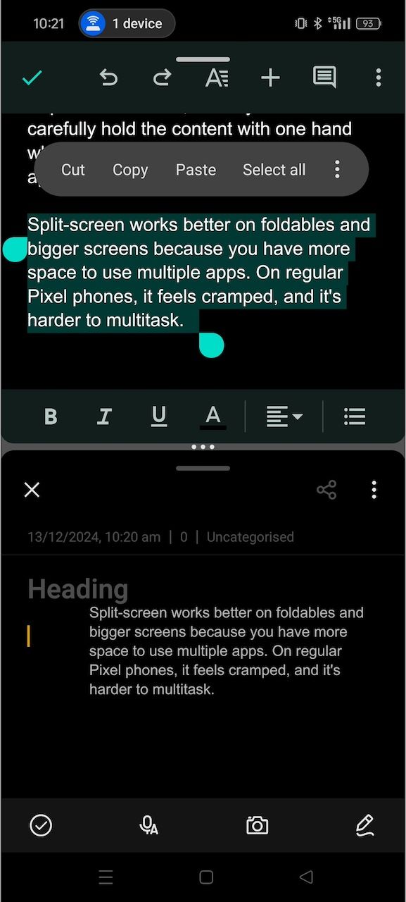 Dragging and dropping text between Google Docs and Note app in split screen mode