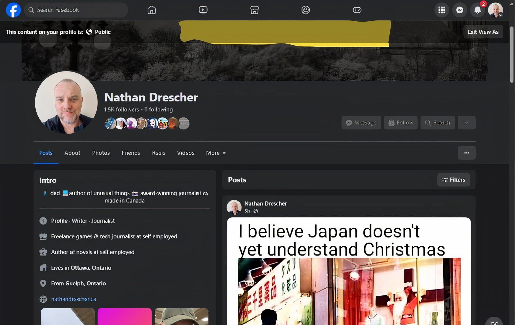 A screenshot of the public 'view as' option for Nathan Drescher's Facebook page.