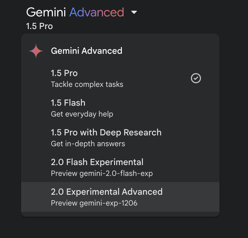 A screenshot of Gemini's model drop-down highlighting 2.0 Experimental Advanced.