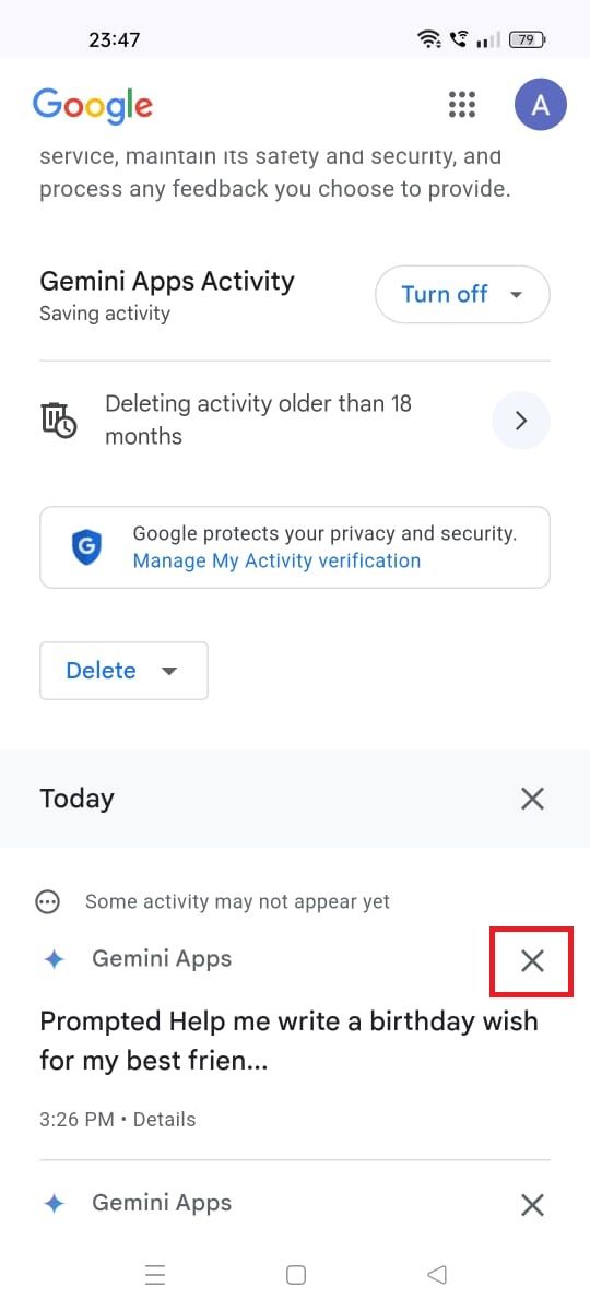 Screenshot highlighting the delete icon in Gemini App Activity