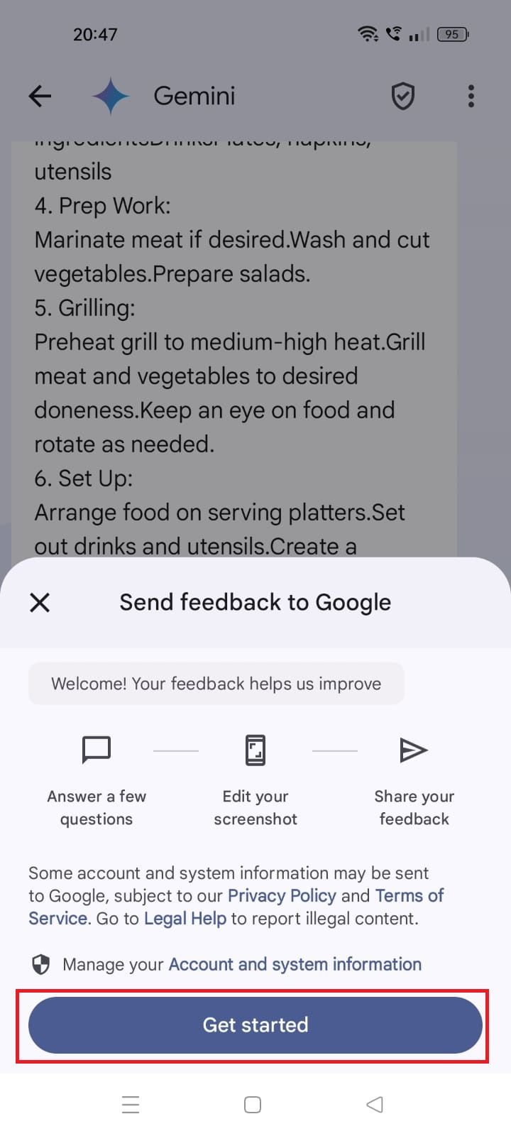 Screenshot highlighting Get started in Google Messages