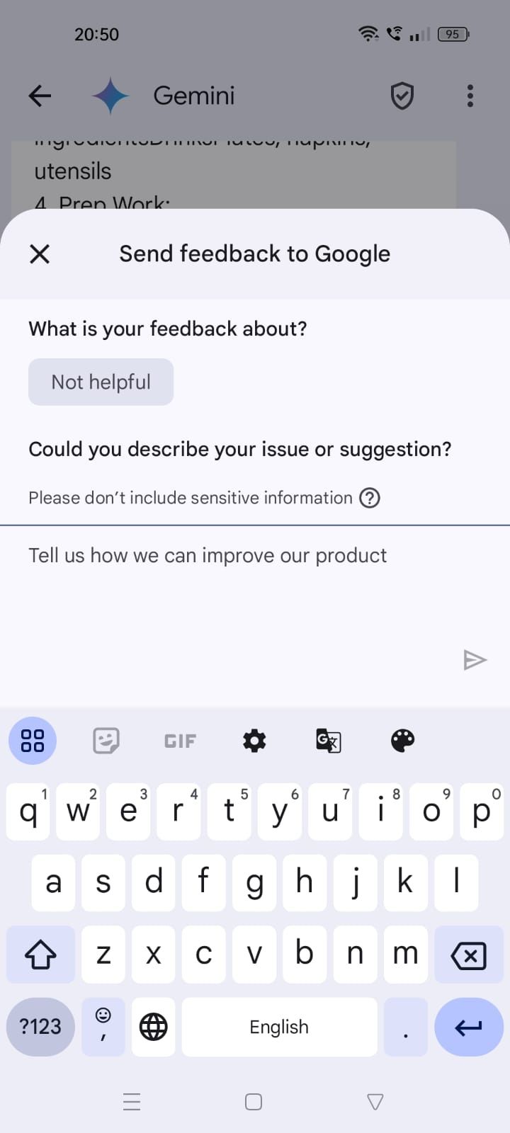 Screenshot of the feedback page in Google Messages