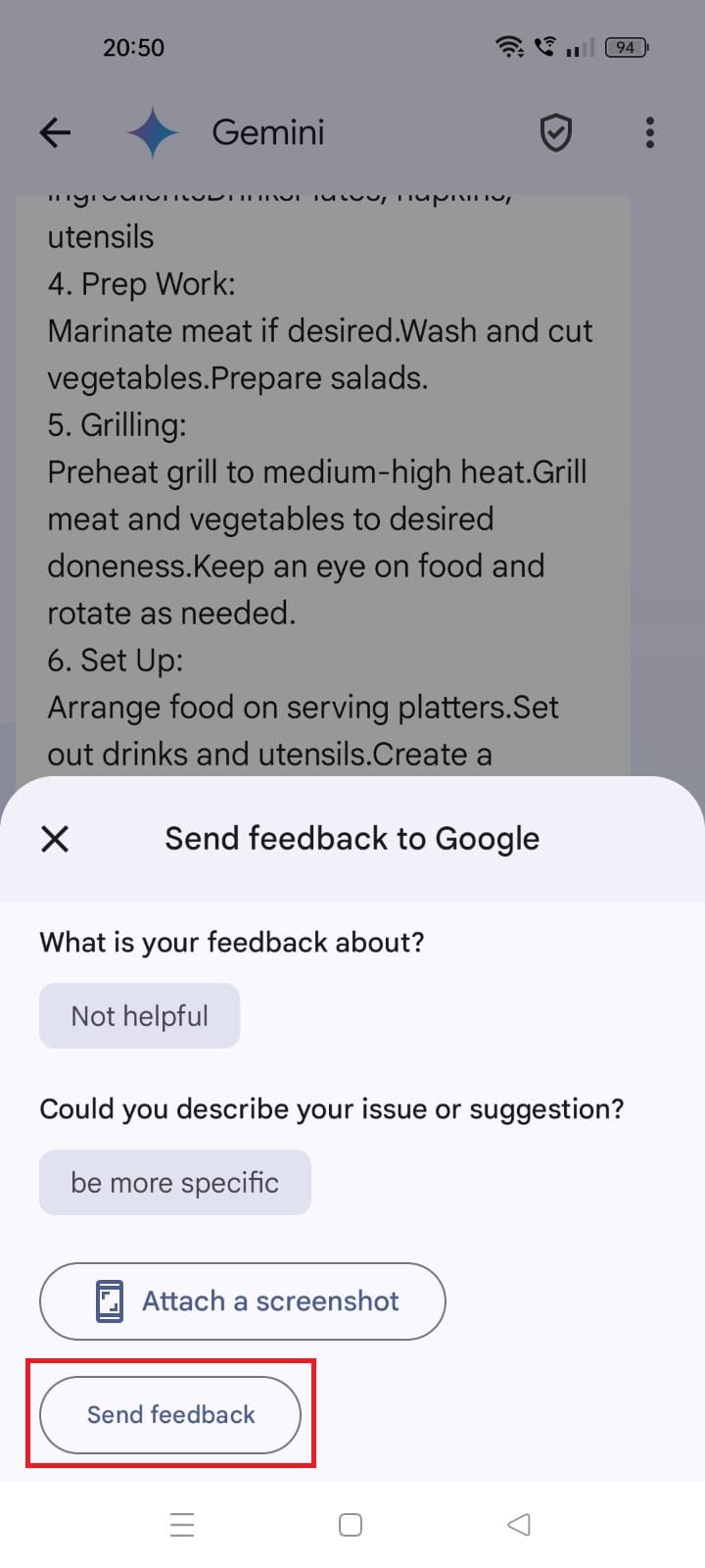 Screenshot highlighting Send feedback in Google Messages