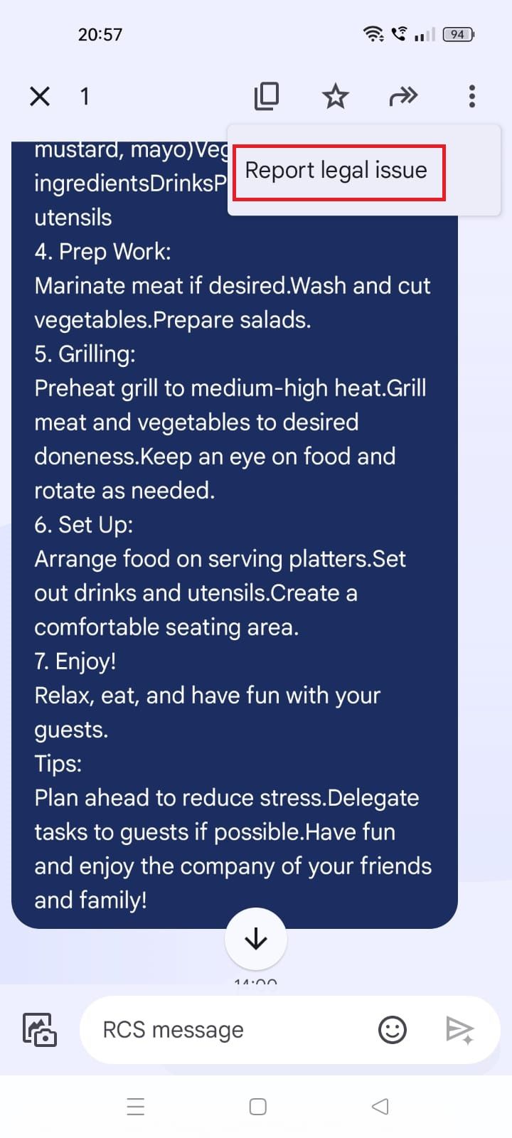 Screenshot highlighting Report legal issue in Google Messages