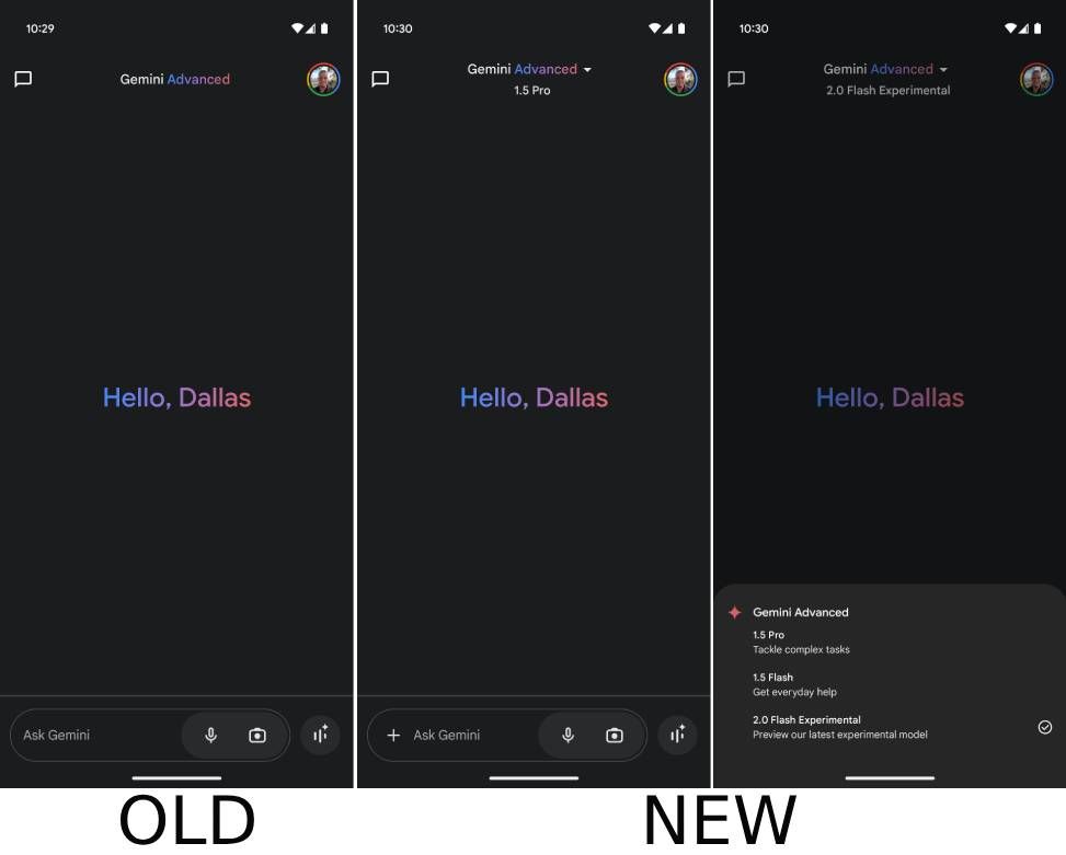 Screenshots of the new Gemini app model switcher alongside the old layout.