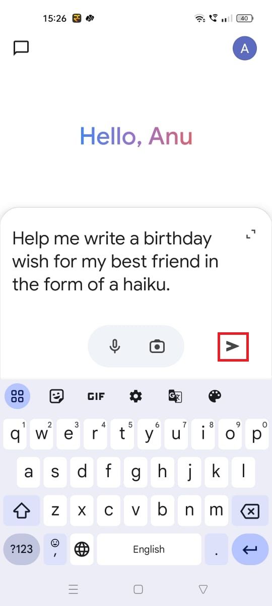 Screenshot highlighting the send icon in the Google Gemini mobile app