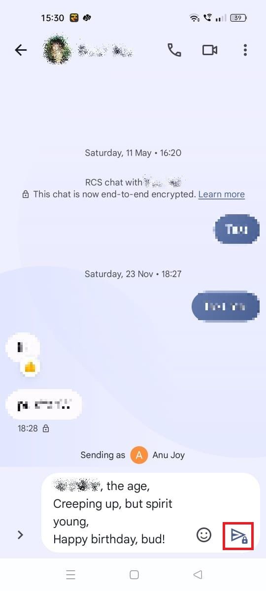 Screenshot highlighting the Send icon in Google Messages