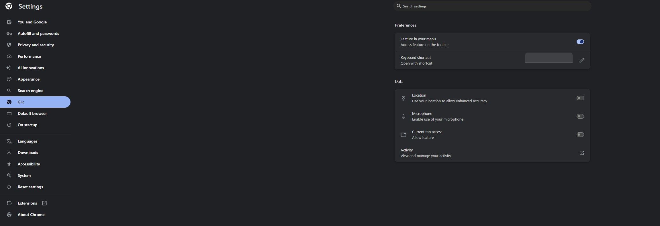 A screenshot of GLIC's settings menu.