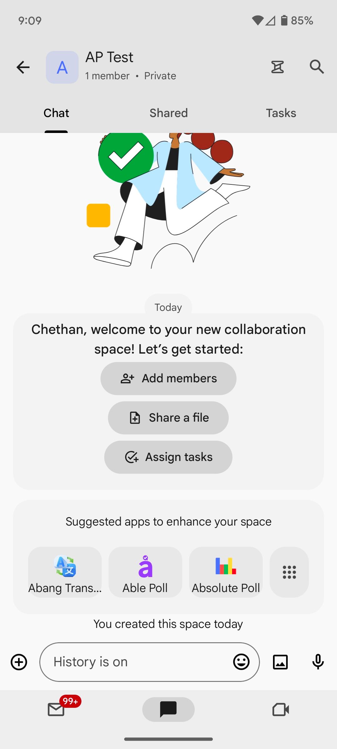 Google Chat spaces current UI