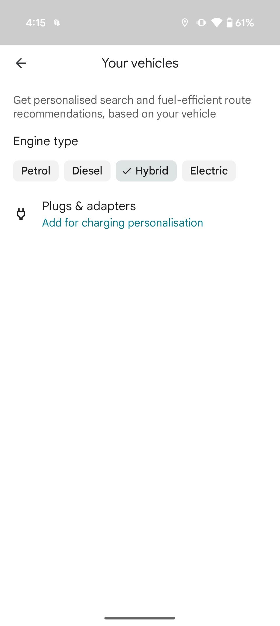 Google Maps screen showing car engine type options