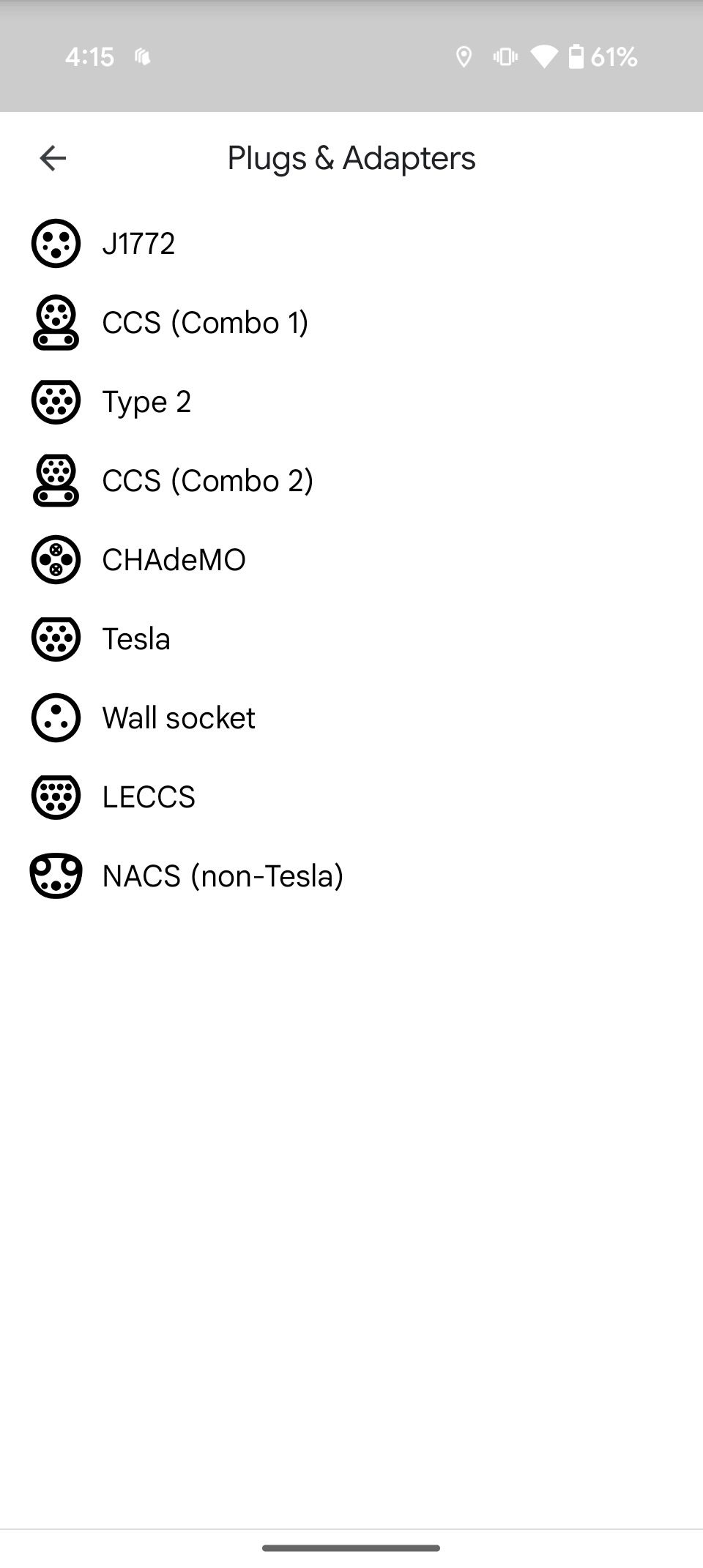 Google Maps displaying a list of plugs and adapters for charging options