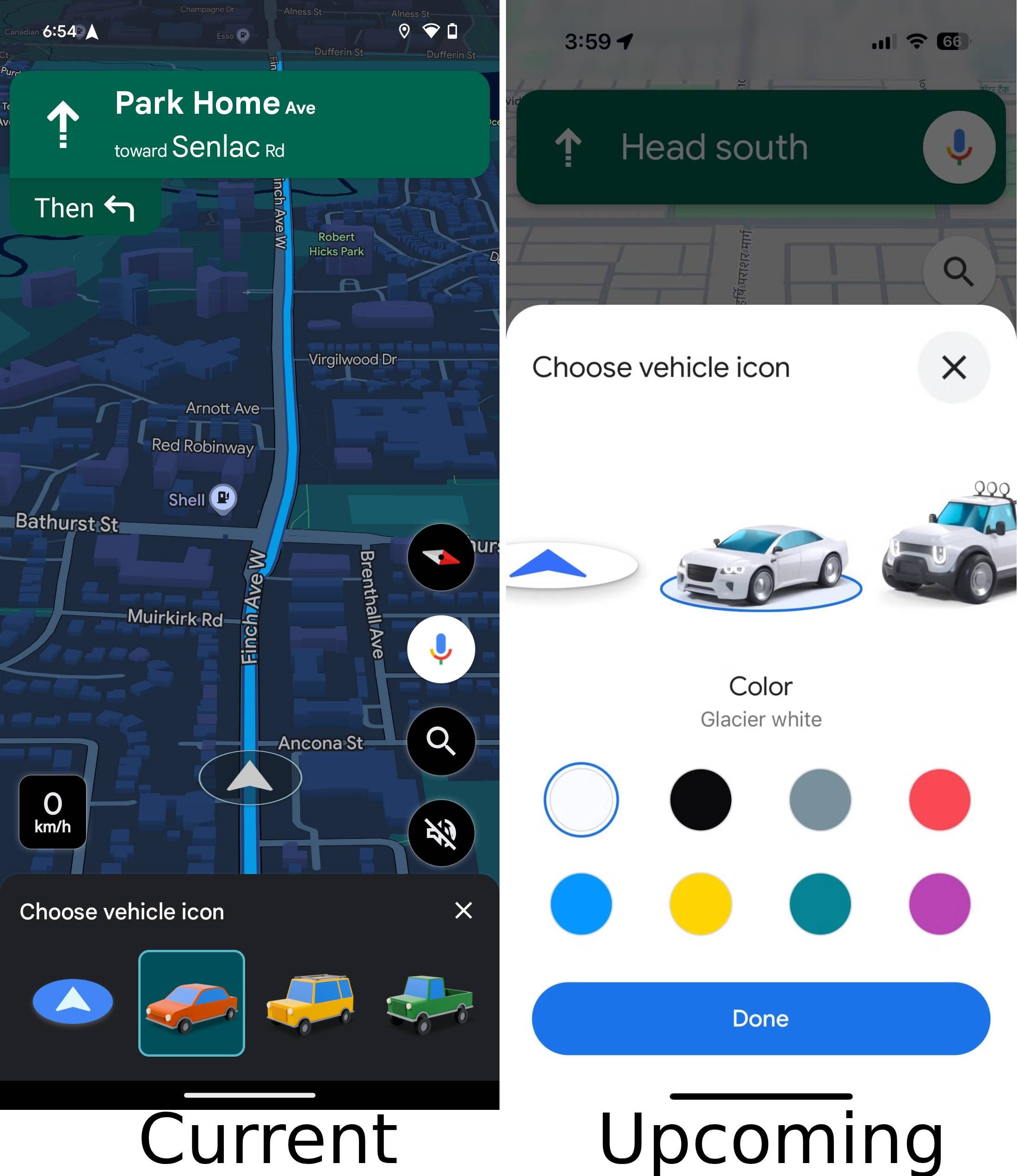 Screenshots highlighting Google Maps' current and upcoming custom car icons.