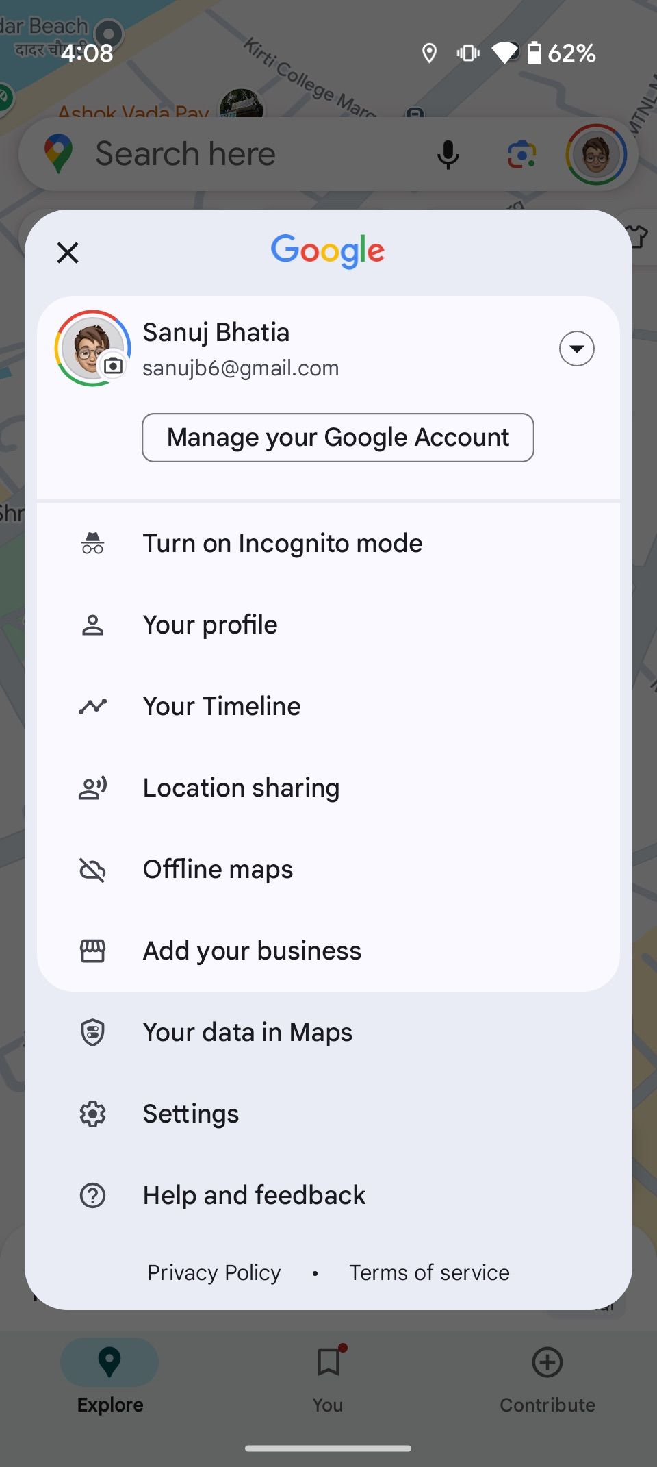 Google Maps account settings menu with incognito mode and options