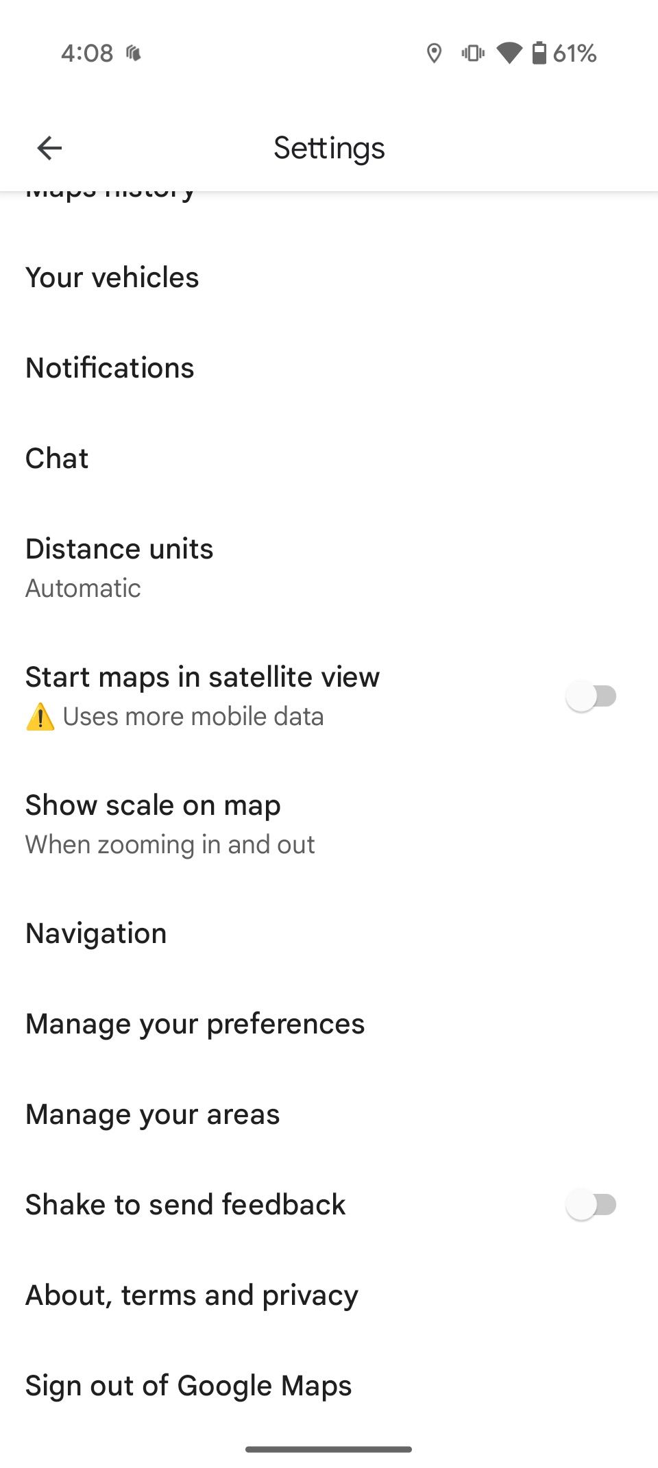 Google Maps settings menu showing mange your preferences option