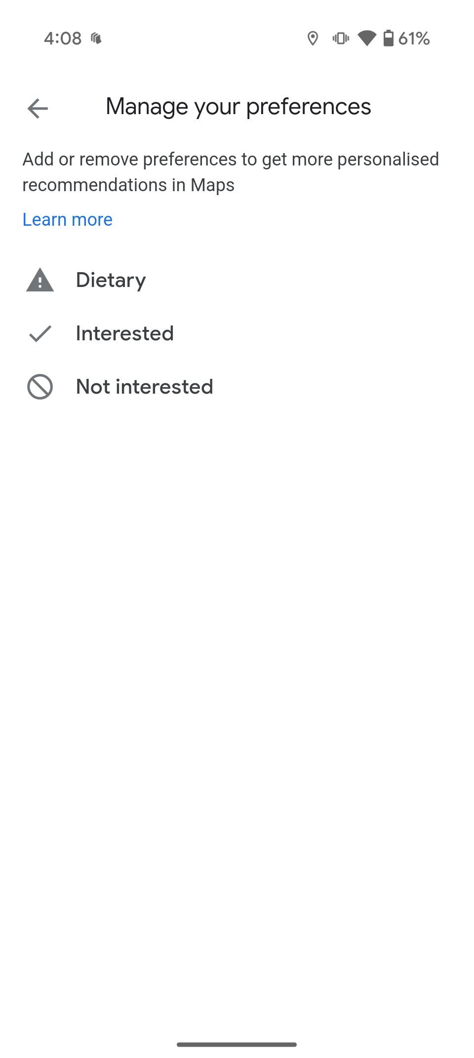 Google Maps manage preferences screen for dietary preferences