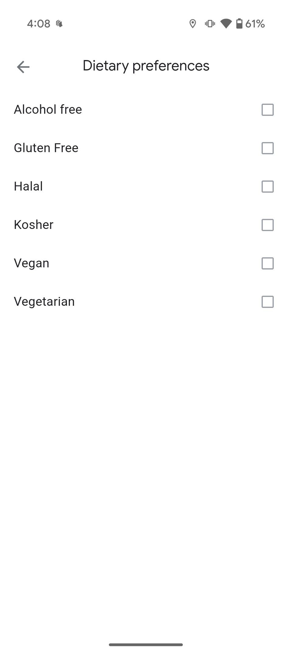 Dietary preferences options in Google Maps, including vegan and gluten-free