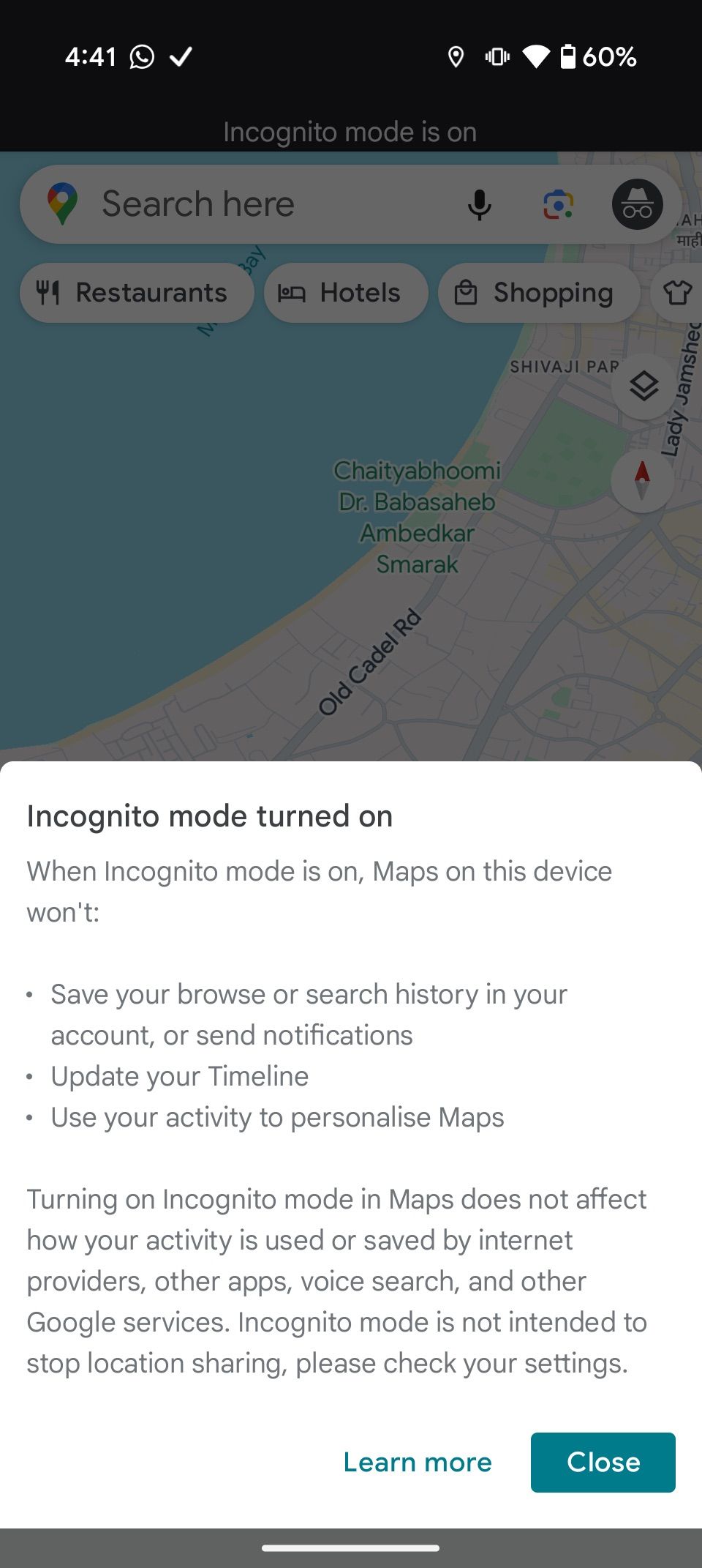 Incognito mode on Google Maps with privacy features explanation