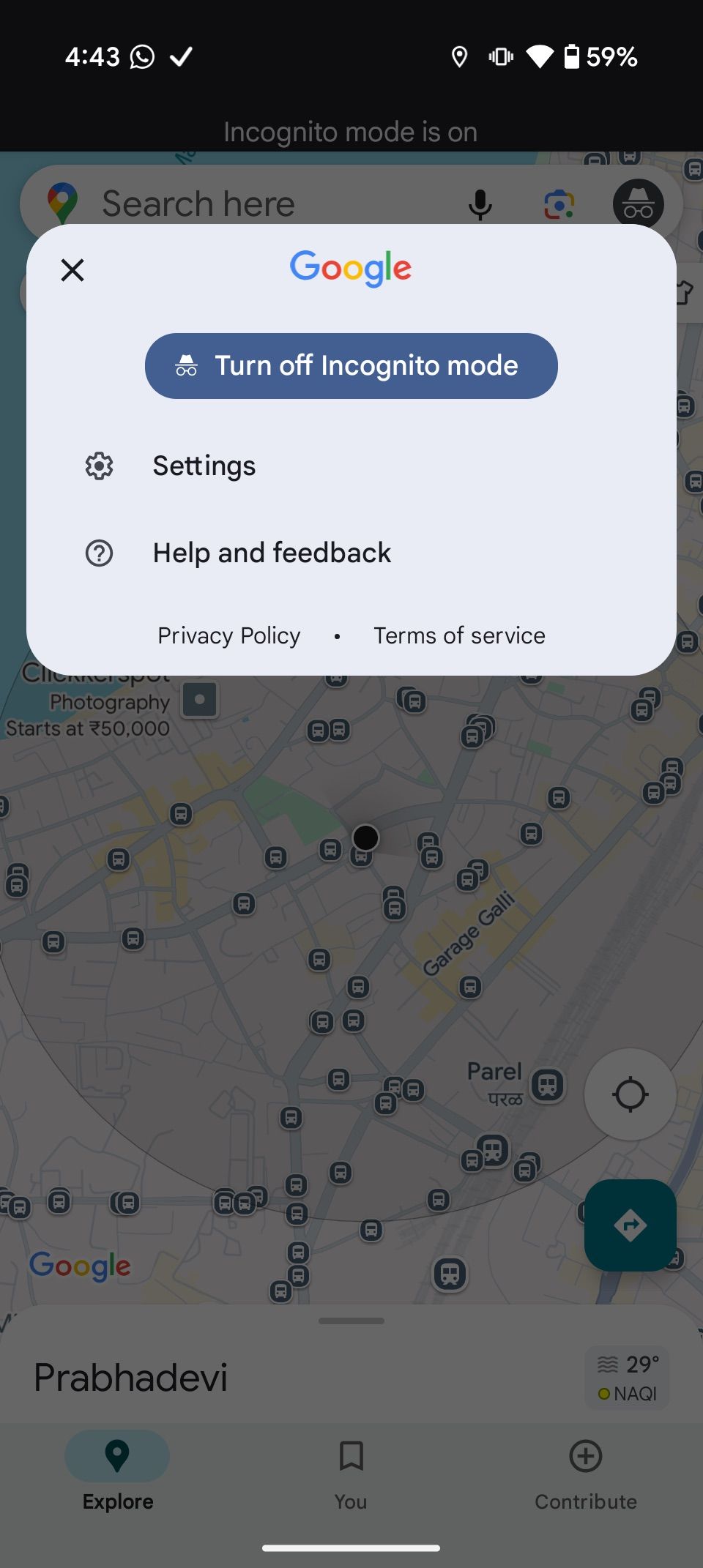 Google Maps interface showing "Turn off Incognito mode" option