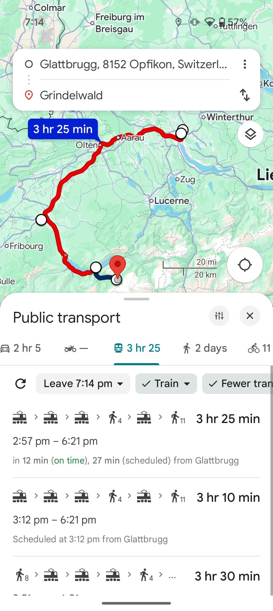 Google Maps displays public transport route and train timings