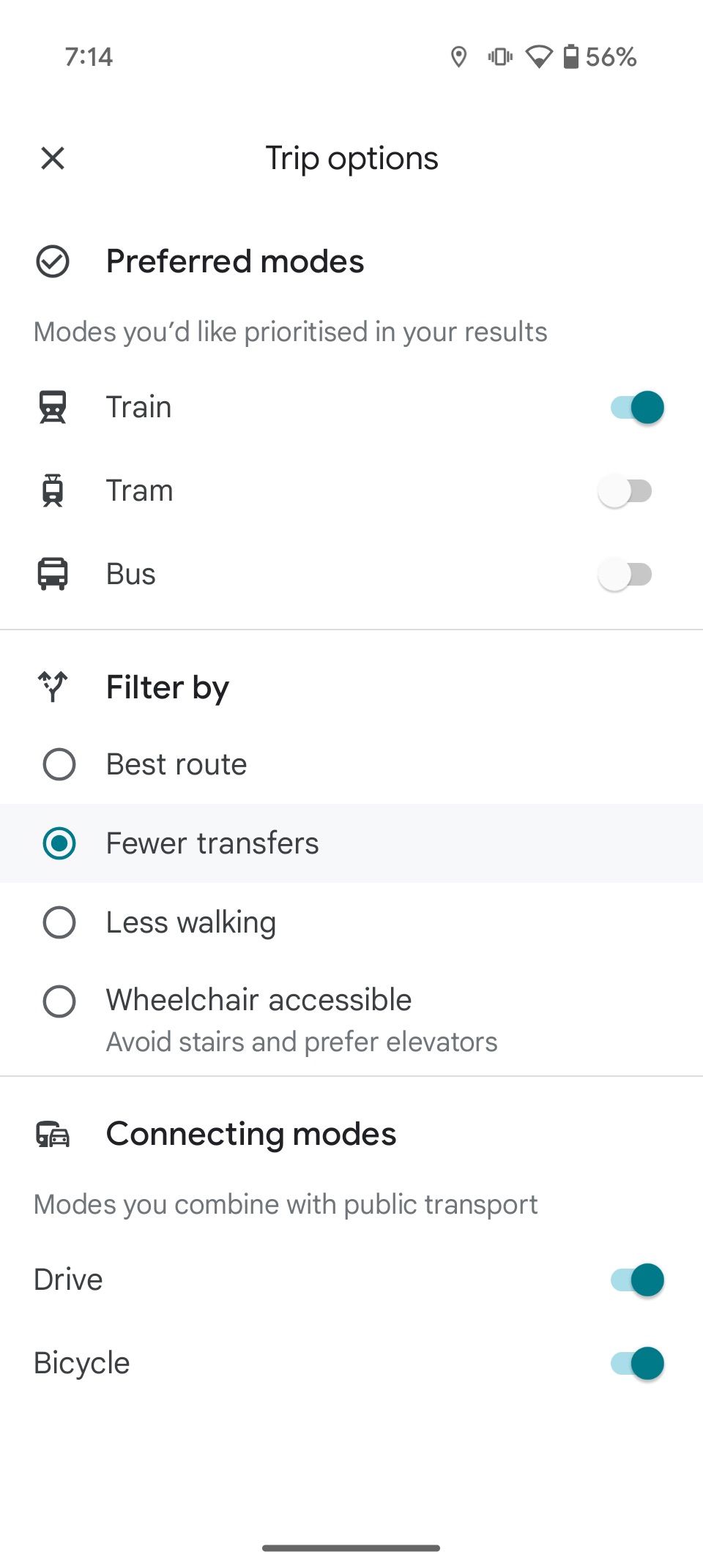 Route options in Google Maps highlighting preferred modes and filters