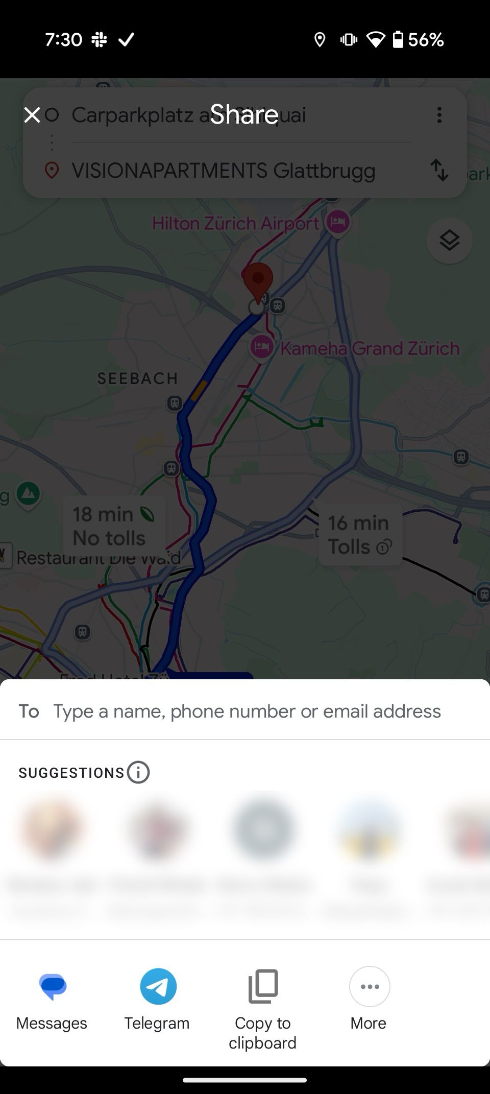 Sharing route options through Messages, Telegram, or clipboard from Maps