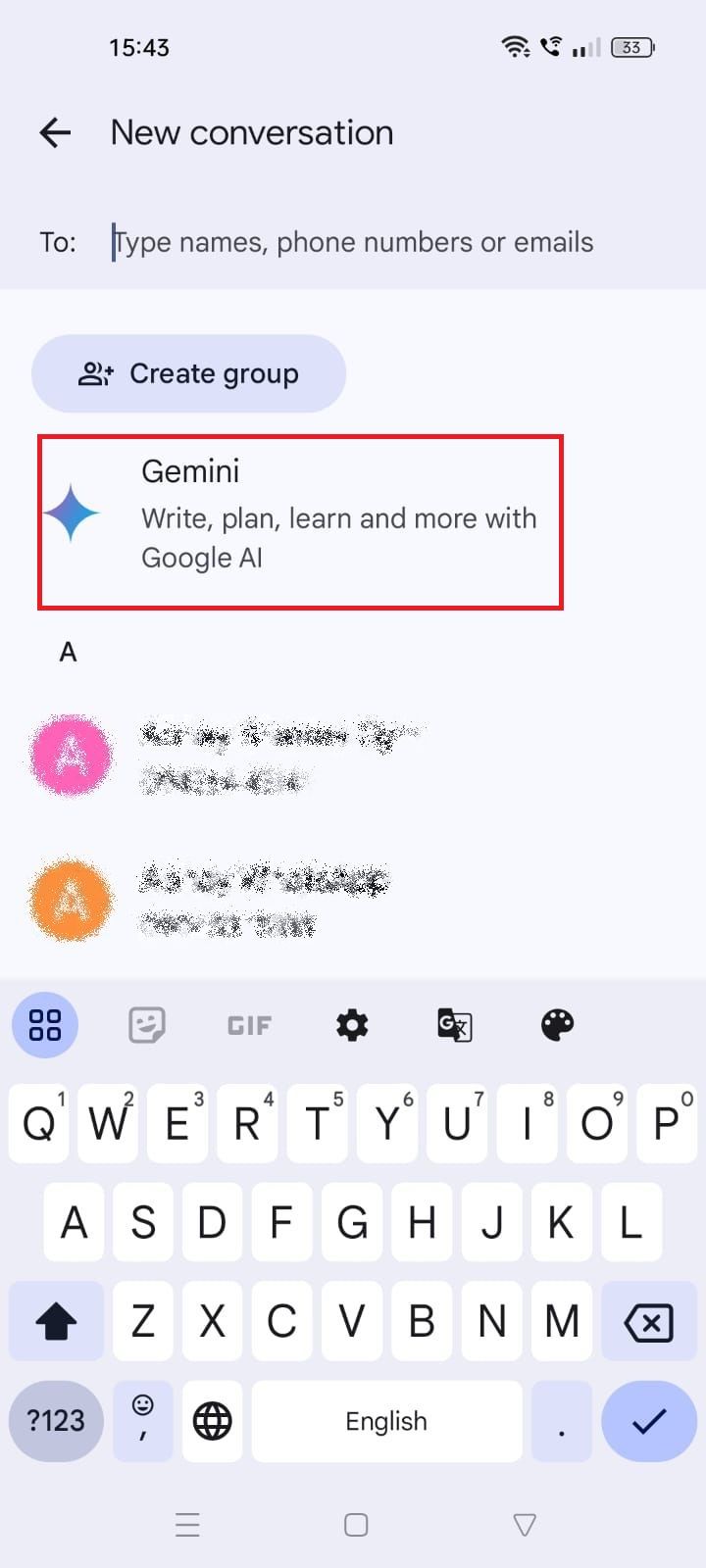 Screenshot highlighting Gemini in Google Messages 