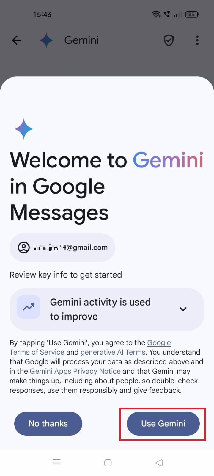 Screenshot highlighting Use Gemini in Google Messages 