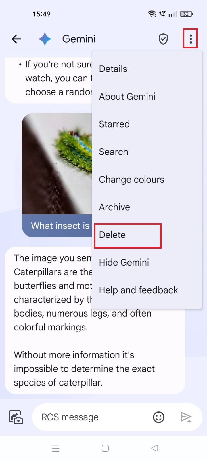 Screenshot highlighting Delete in Google Messages