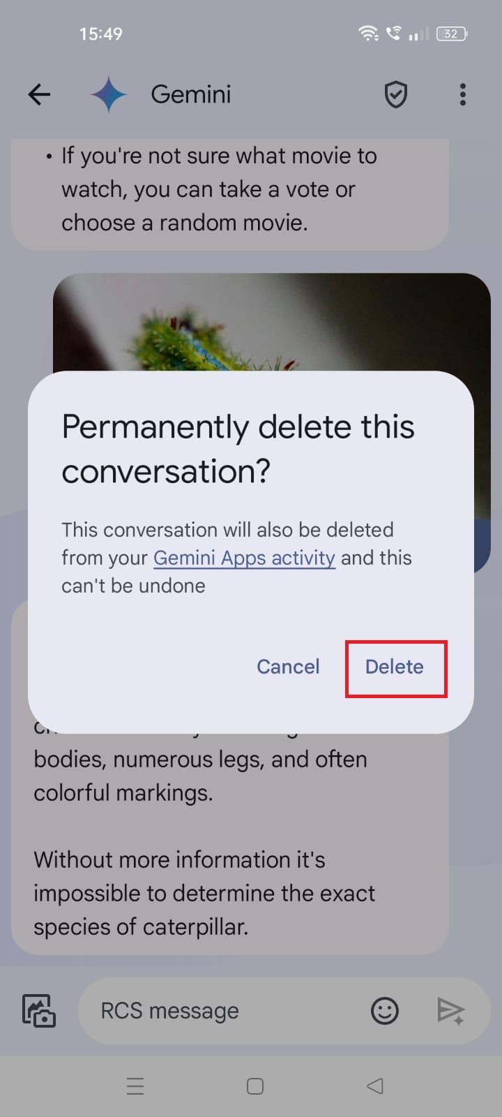 Screenshot highlighting the Delete option in Google Messages