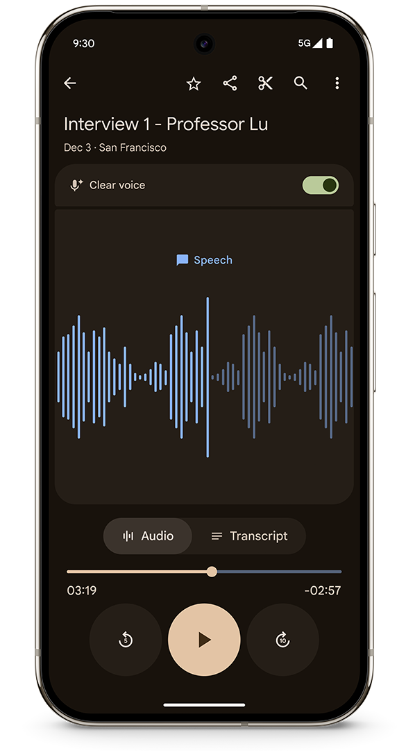 The Google Recorder app in clear voice mode