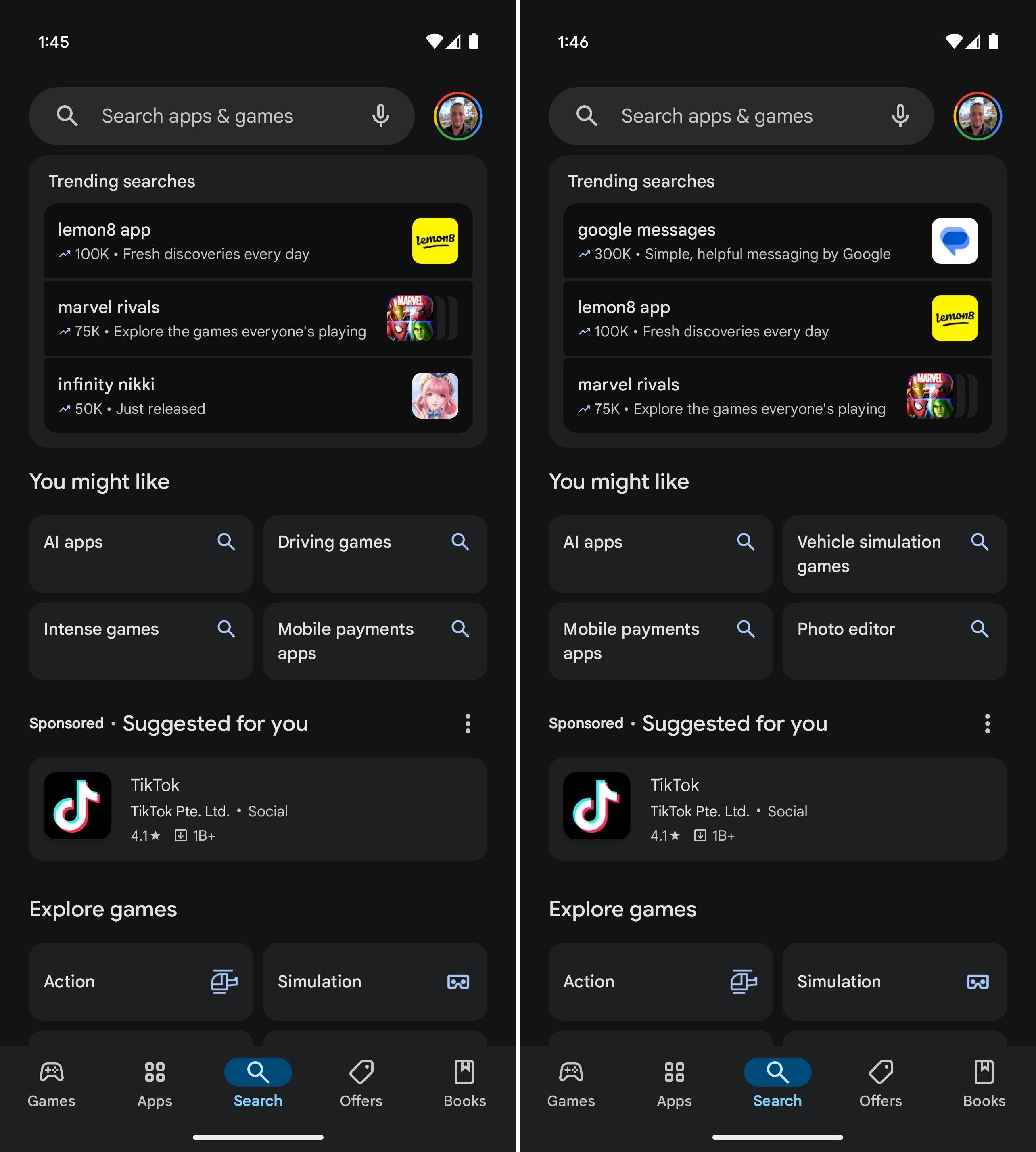 Screenshots of Google Play Store's new Trending Searches.