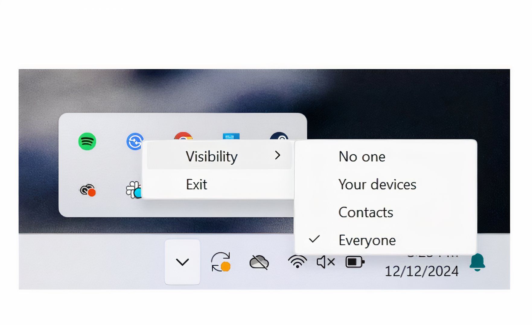 A screenshot from 9to5Google of the new Visibility settings for the Quick Share tray icon.