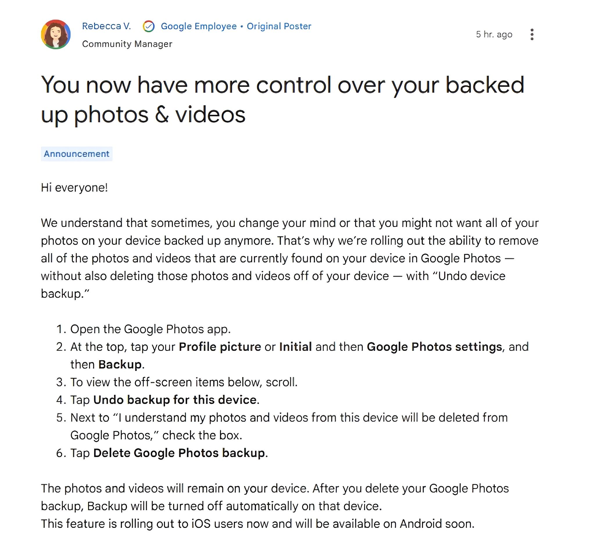 A screenshot of the announcement about the new undo backup feature from the Google support forum.