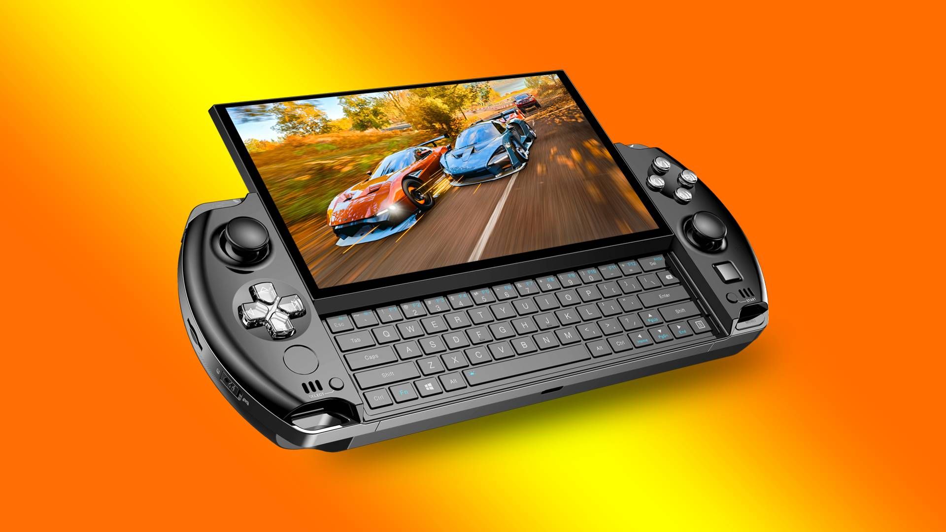 A render of the GPD Win 4 on a yellow and orange background