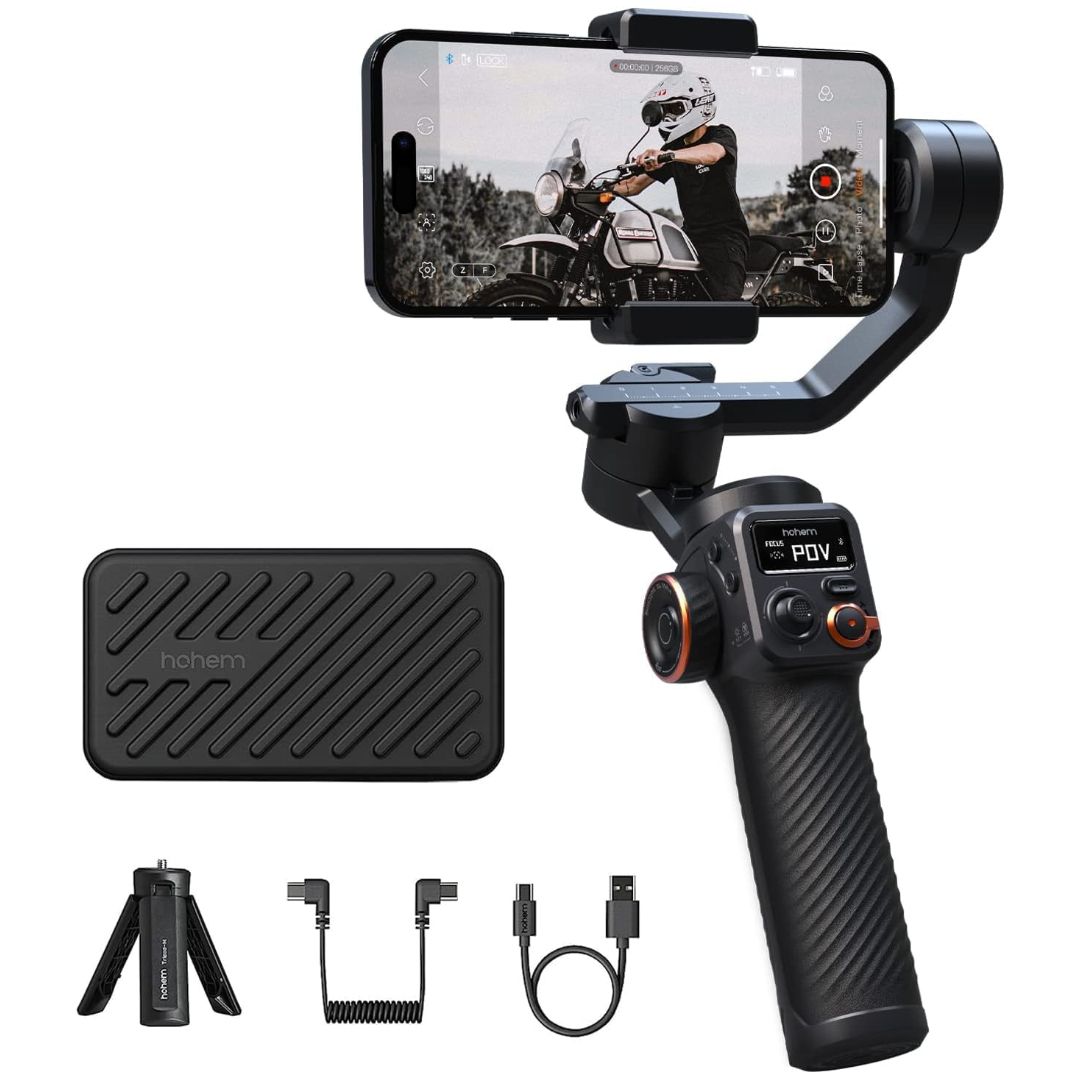 A black gimbal with a phone on it on a white background with some accessories