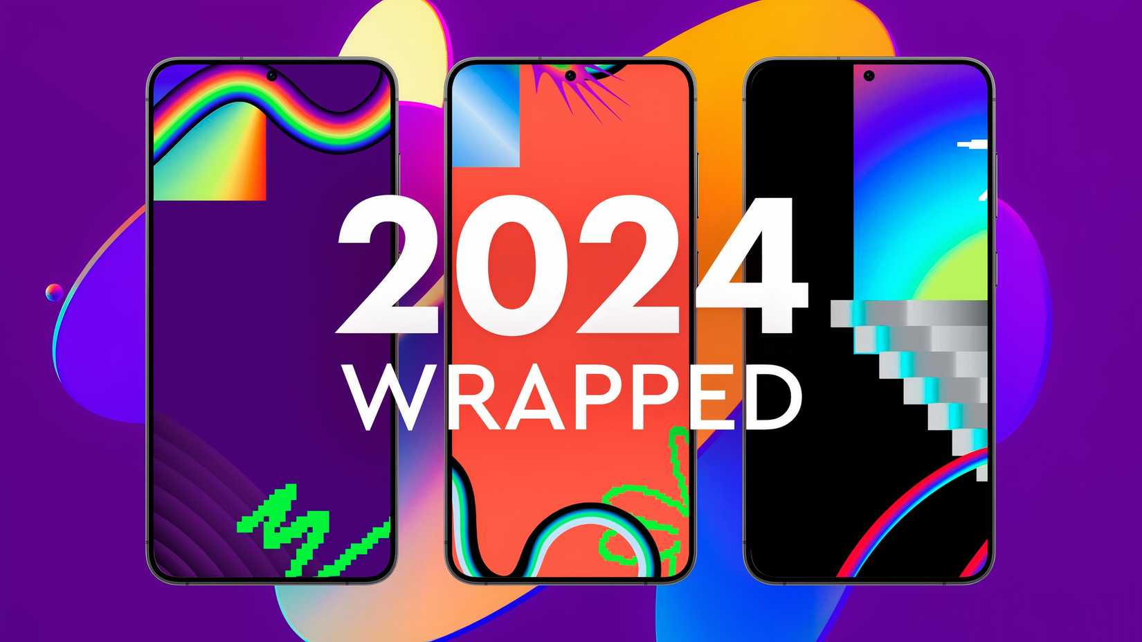 Ilustración de tres teléfonos móviles en fondo geométrico para texto "Embalaje en 2024"