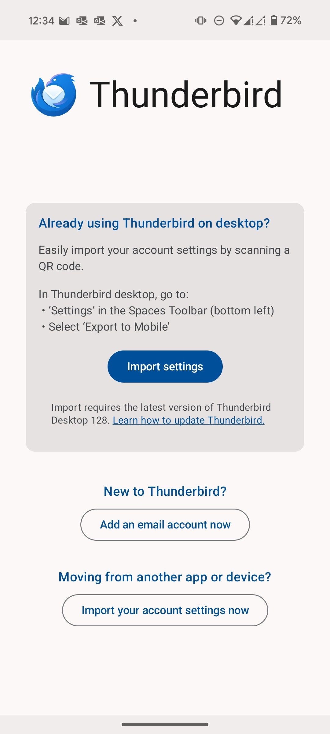 Start screen for Thunderbird