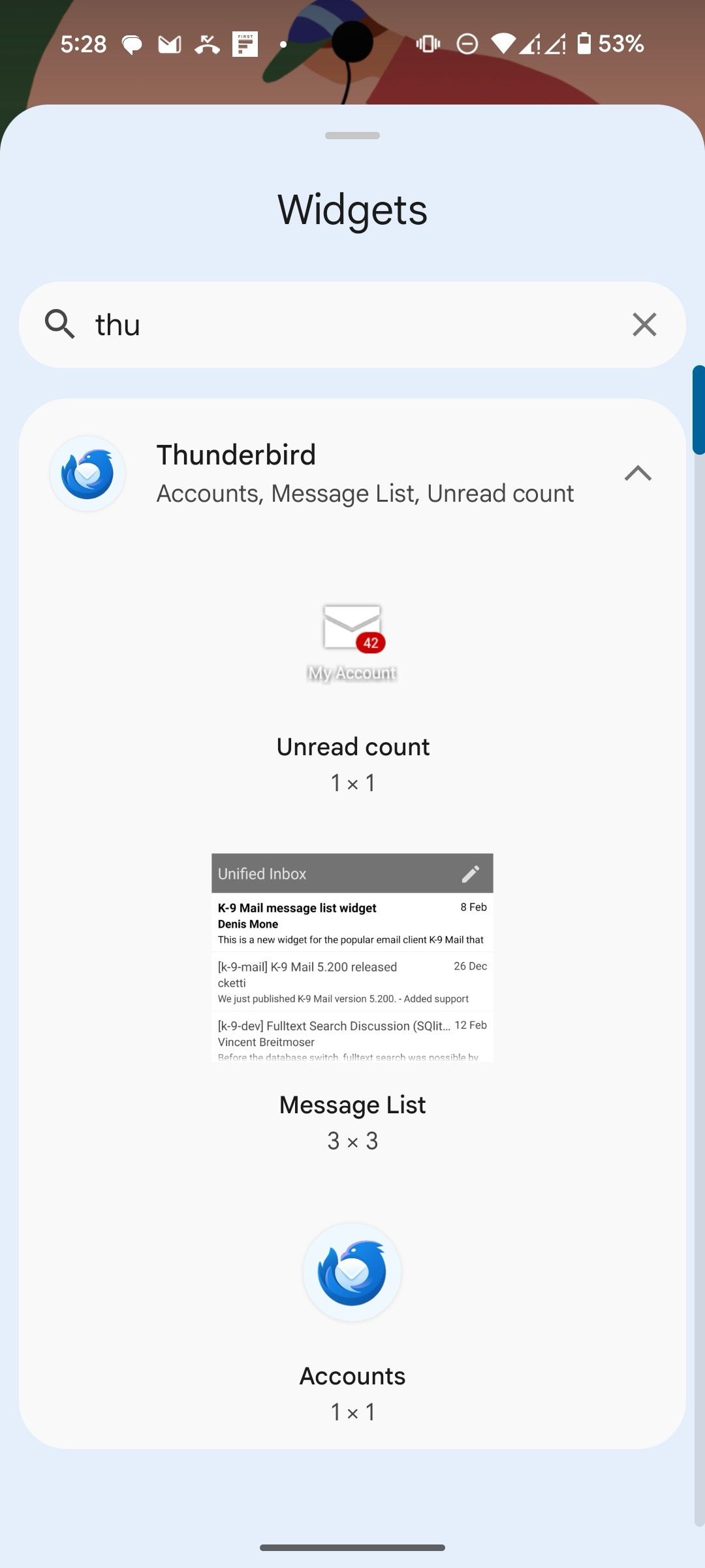 Home screen widgets for Thunderbird