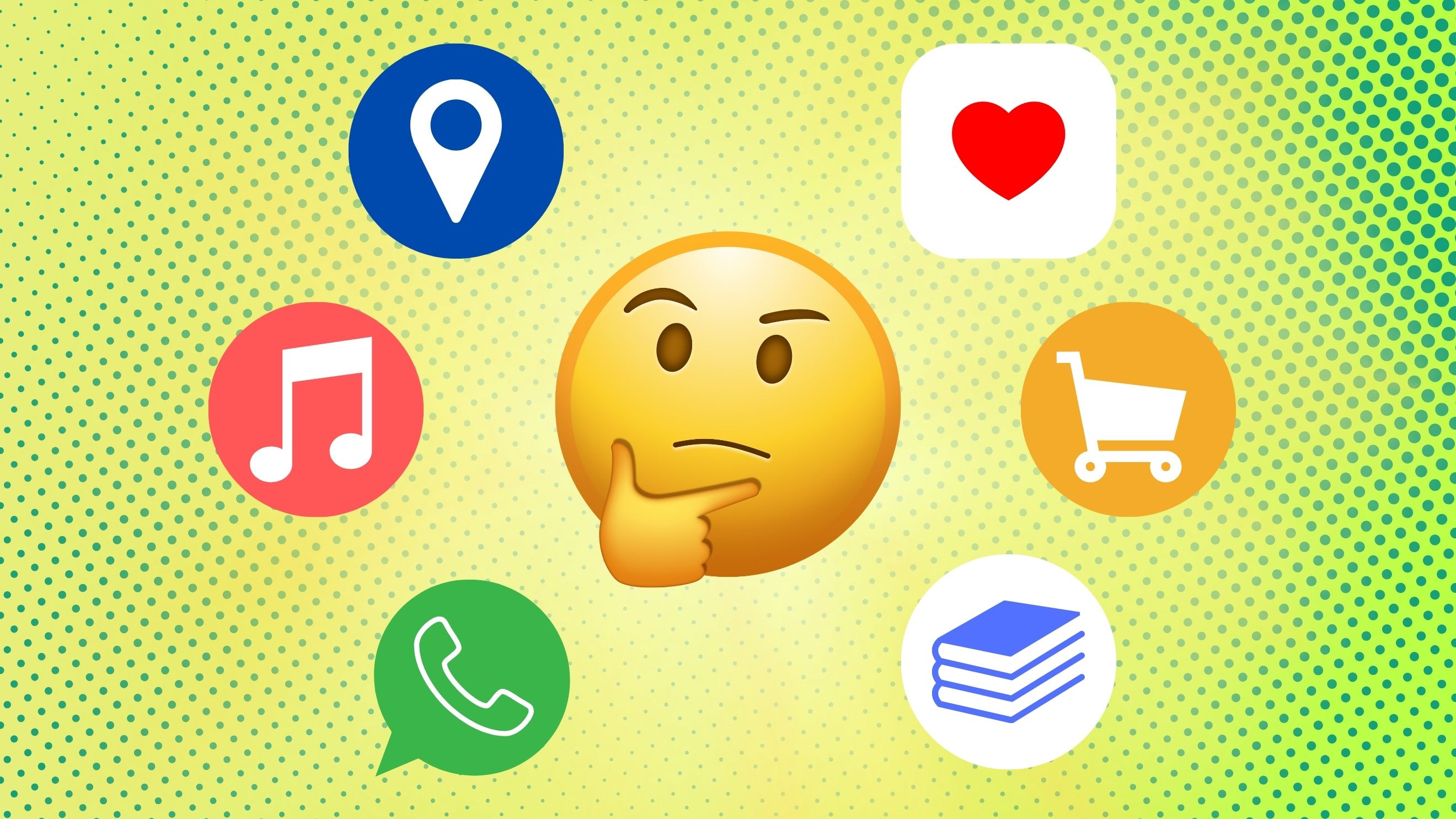 A thinking emoji with images of maps, music, phone, heart, shopping, and books