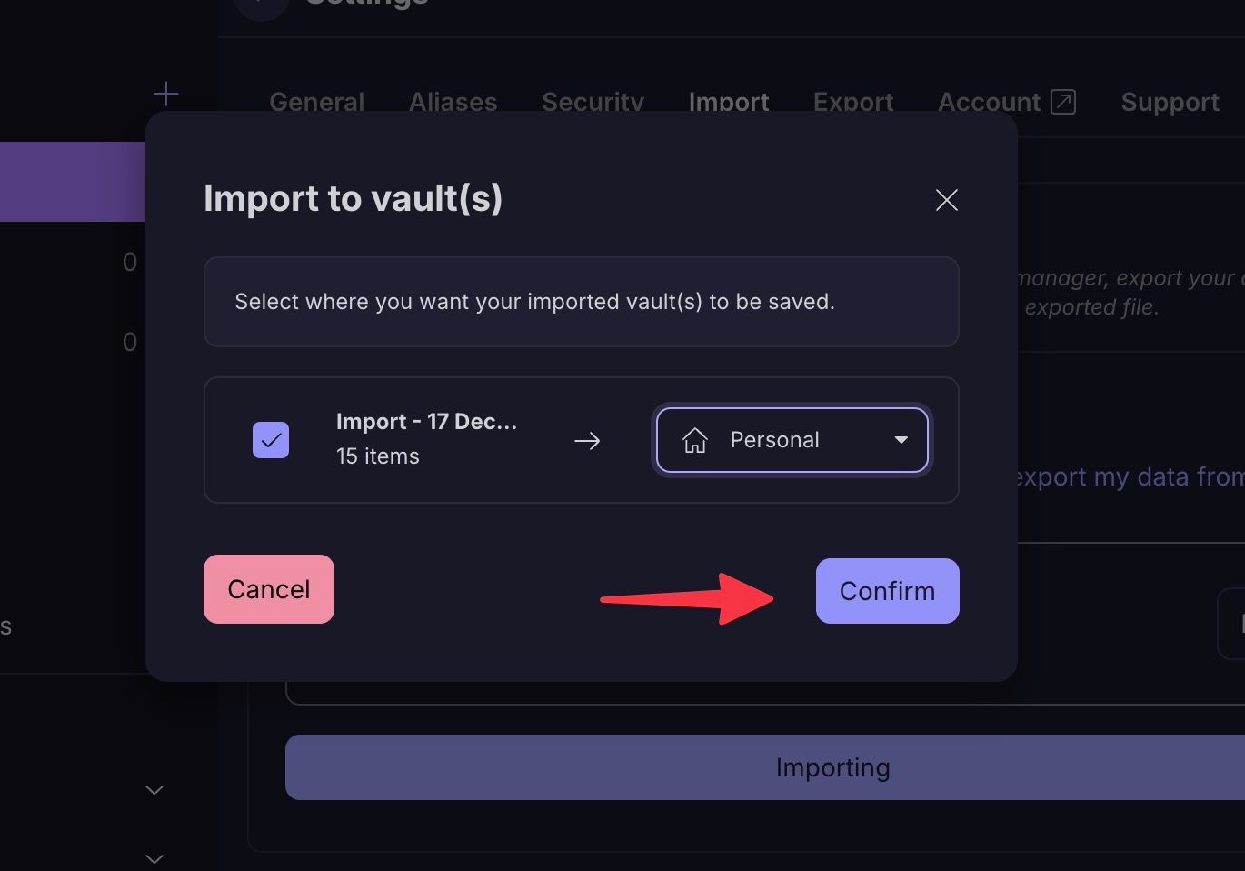 Select a Proton pass vault to import passwords