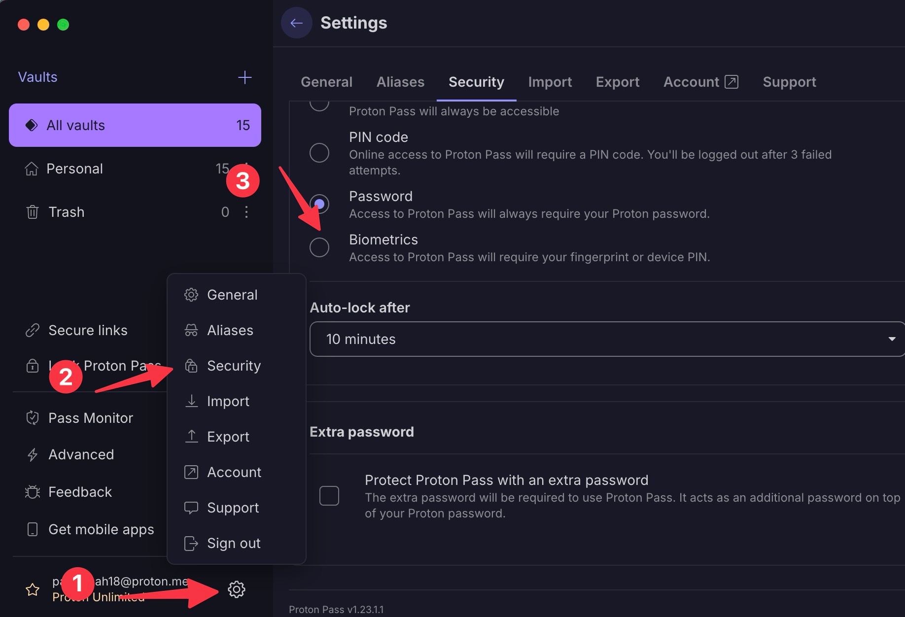 Enable biometrics on Proton pass