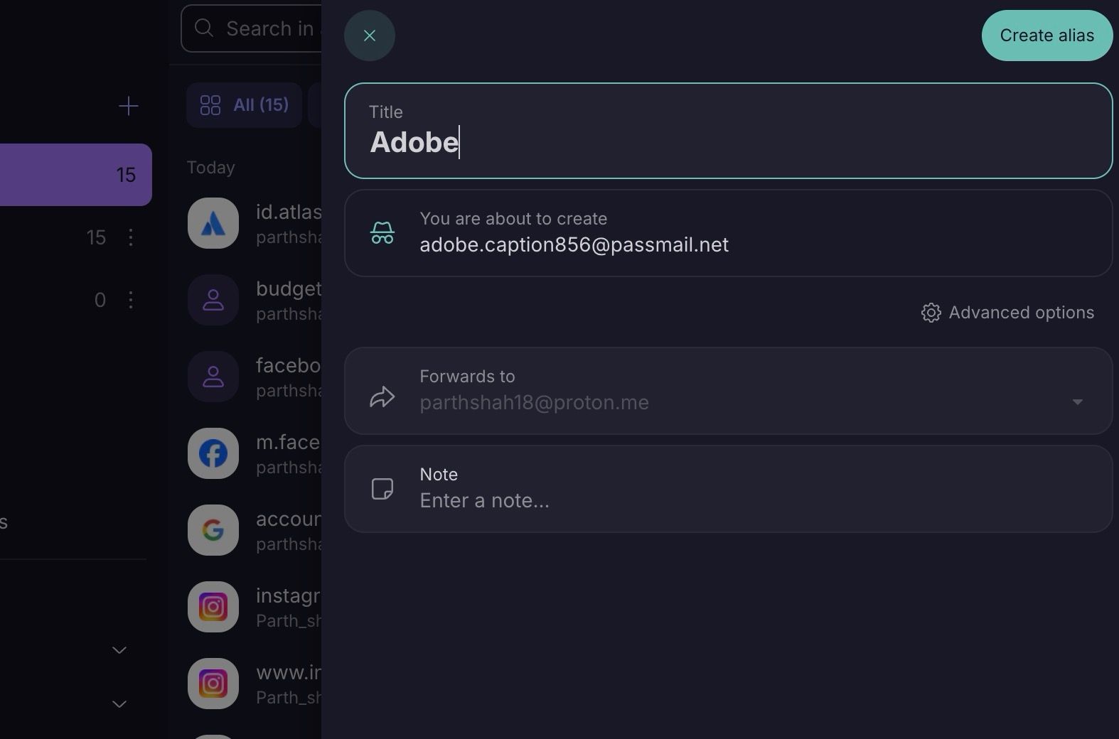 Create email alias in Proton Pass